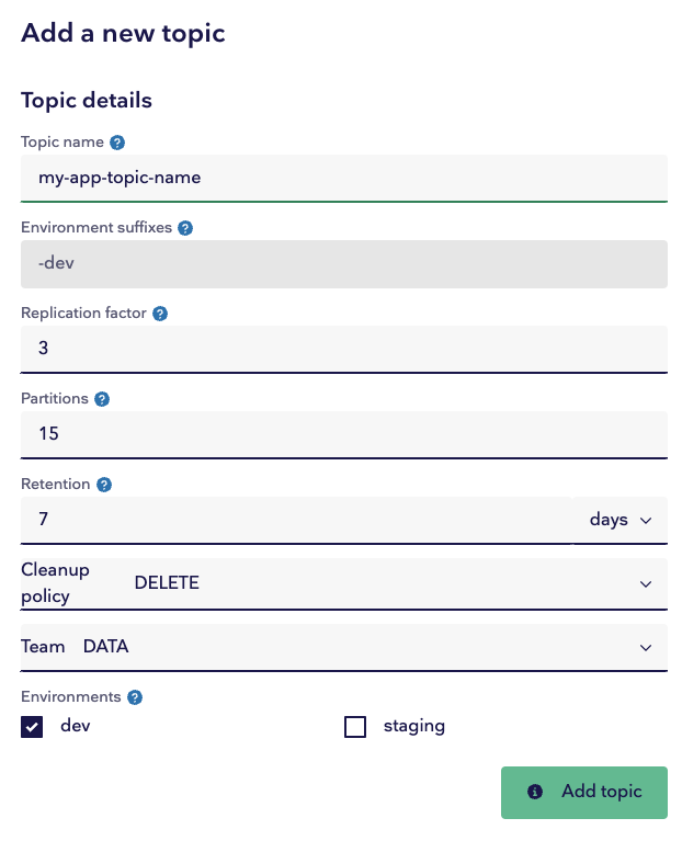 Illustration of adding a new topic in the Entur Kafka-admin webapp